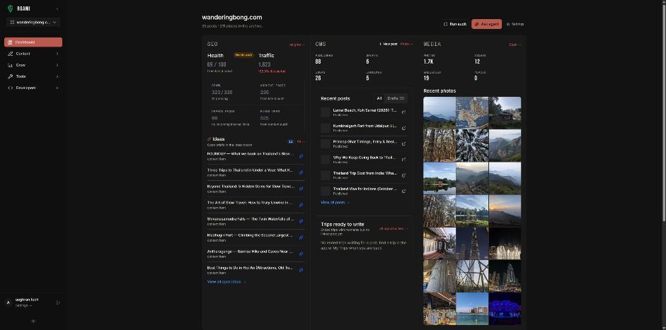 Roami dashboard for wanderingbong.com: site health, clicks, published posts, and media library
