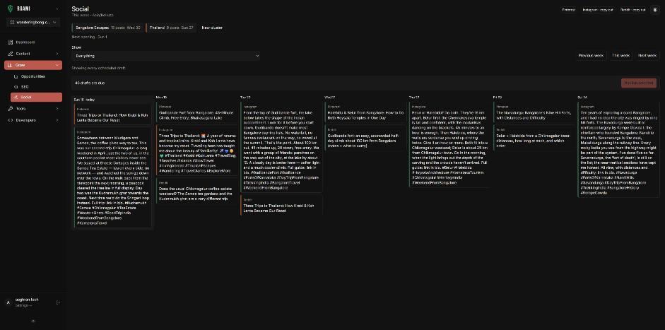 Week-view social calendar with drafts grouped into clusters